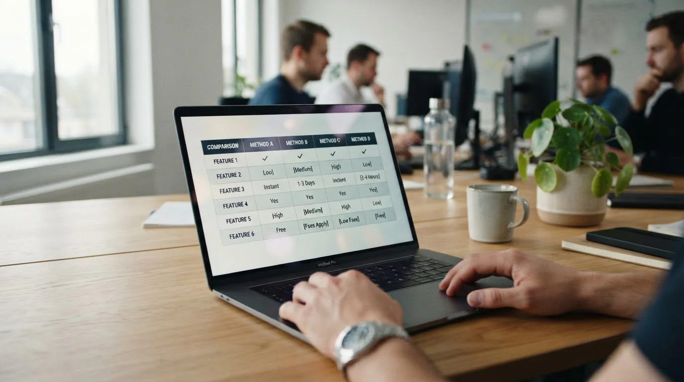 Laptop screen showing casino comparison table with license types and payment methods