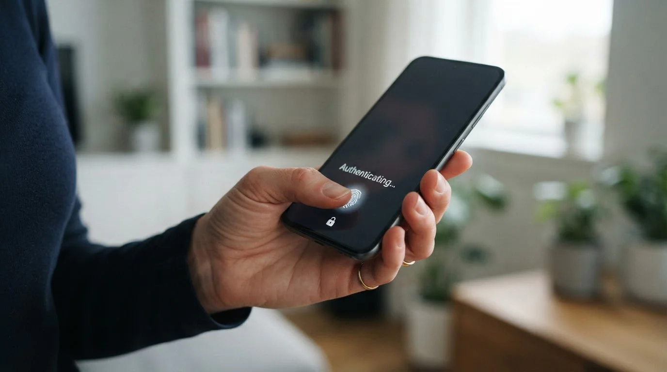 Person holding smartphone with AstroPay app open showing biometric fingerprint authentication