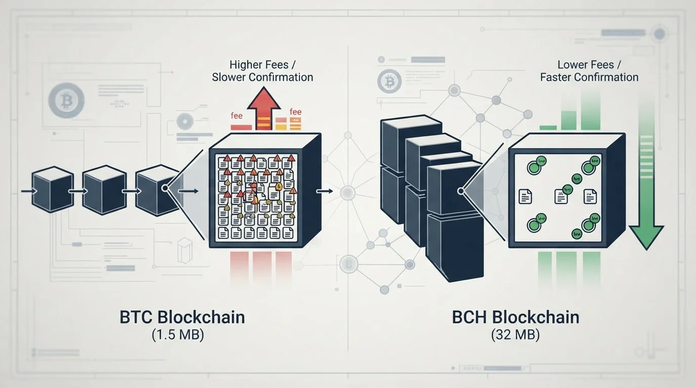 Side-by-side comparison of Bitcoin and Bitcoin Cash block structures with fee indicators