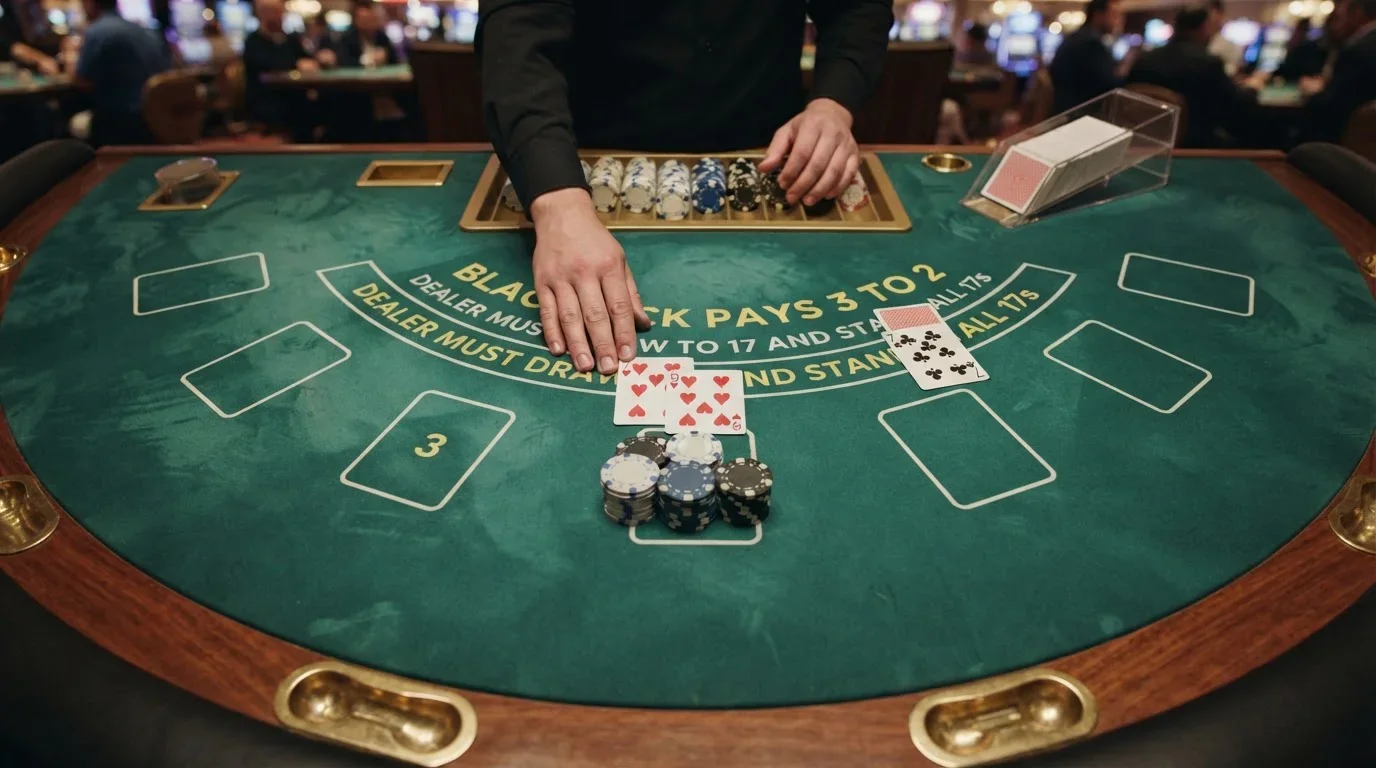 Overhead view of blackjack table with cards and chips on green felt