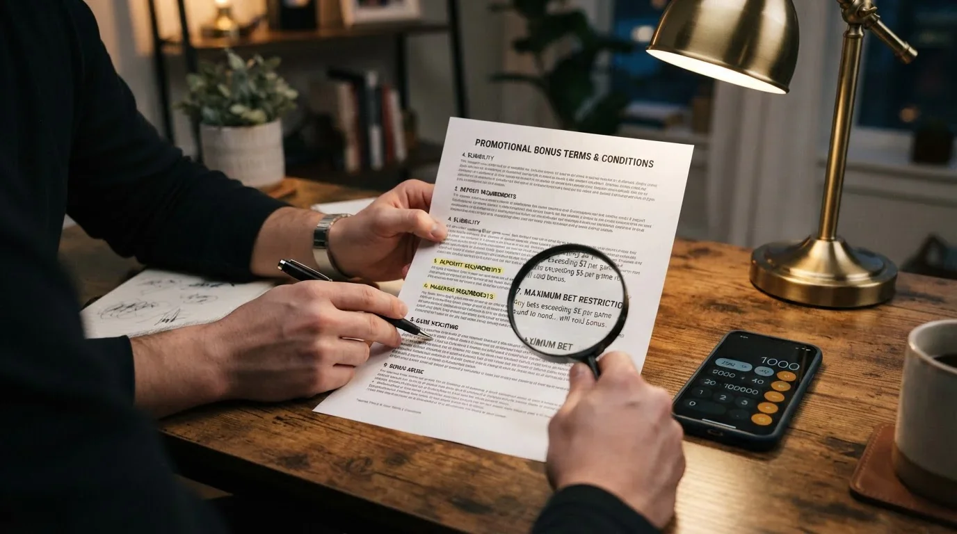 Document showing bonus wagering requirements and maximum bet restrictions during rollover