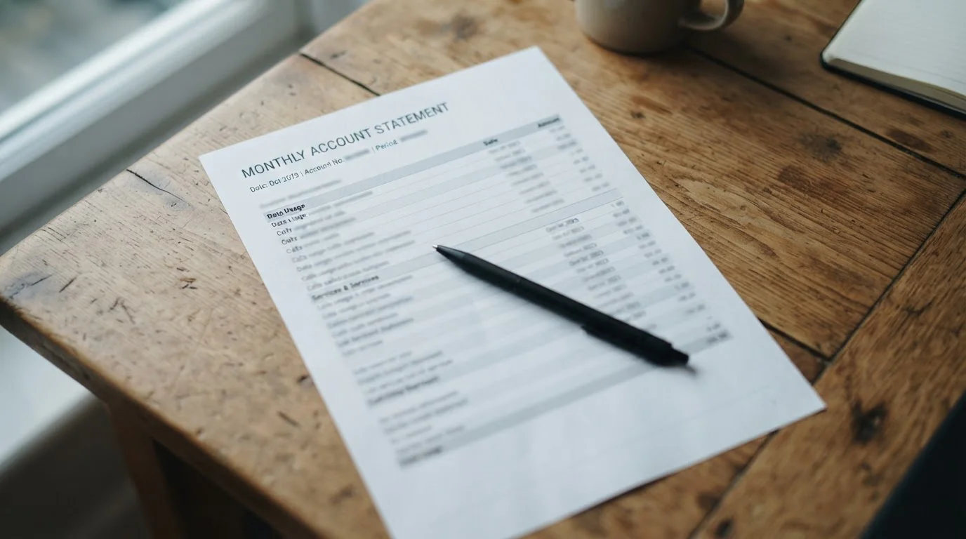 Printed mobile phone statement on a desk with a pen resting across it