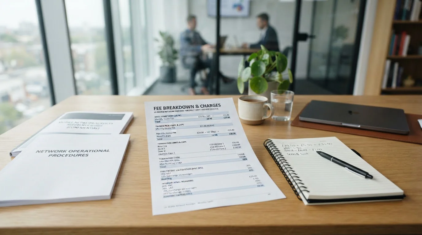 Detailed fee breakdown document with calculator and UK mobile network provider logos