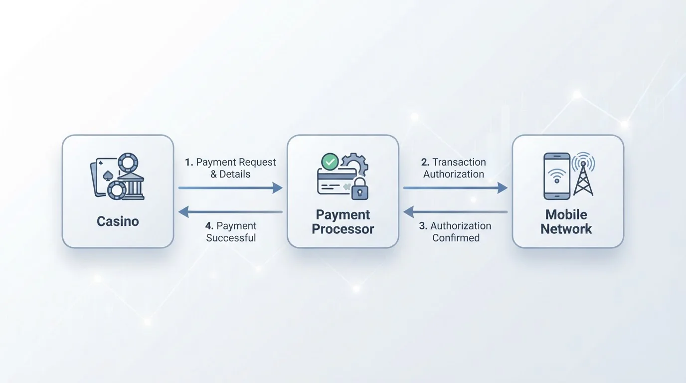 Diagram showing Boku payment flow between casino, payment processor, and mobile network