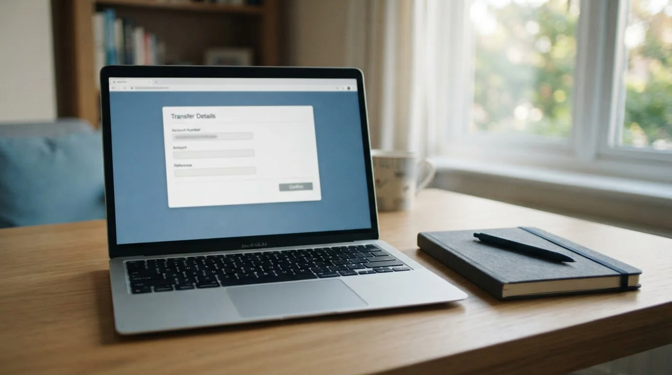Laptop screen showing a generic banking transfer form next to a closed notebook