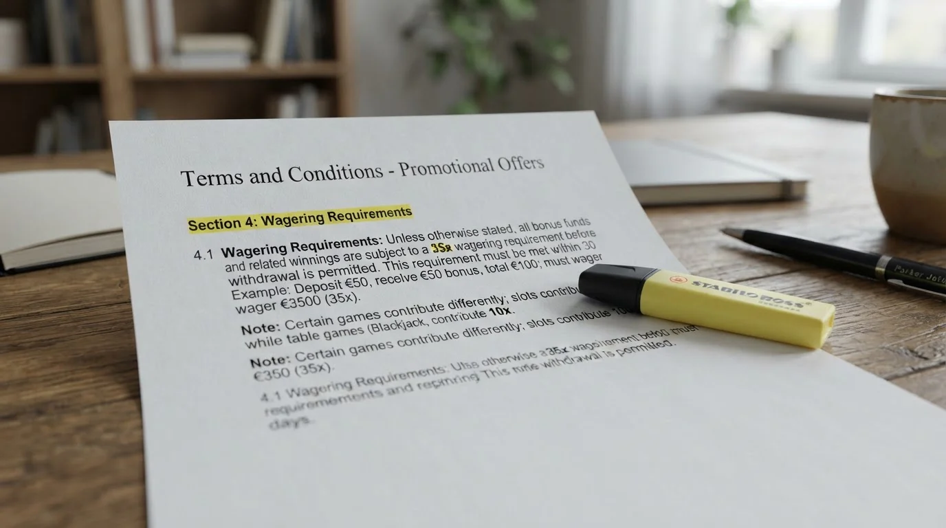 Casino bonus terms document showing wagering requirements