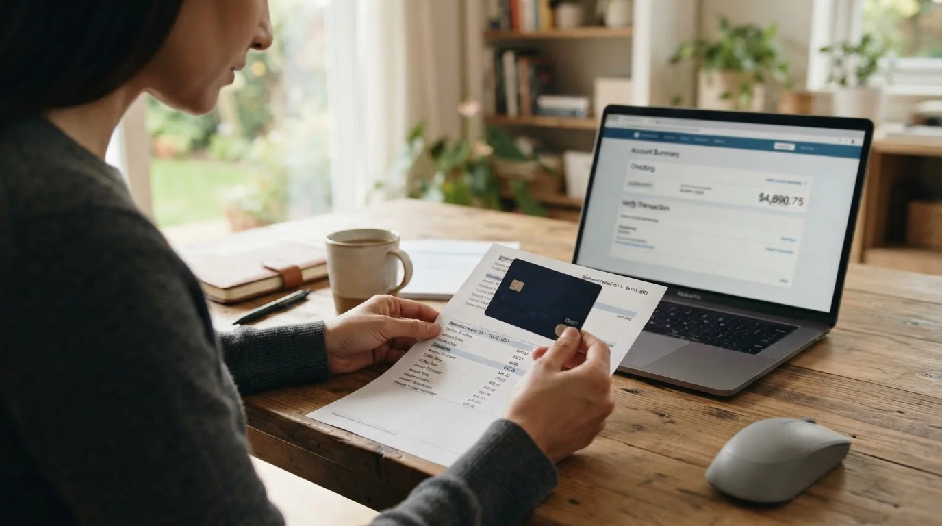 Person reviewing bank statement and debit card at desk for casino withdrawal verification