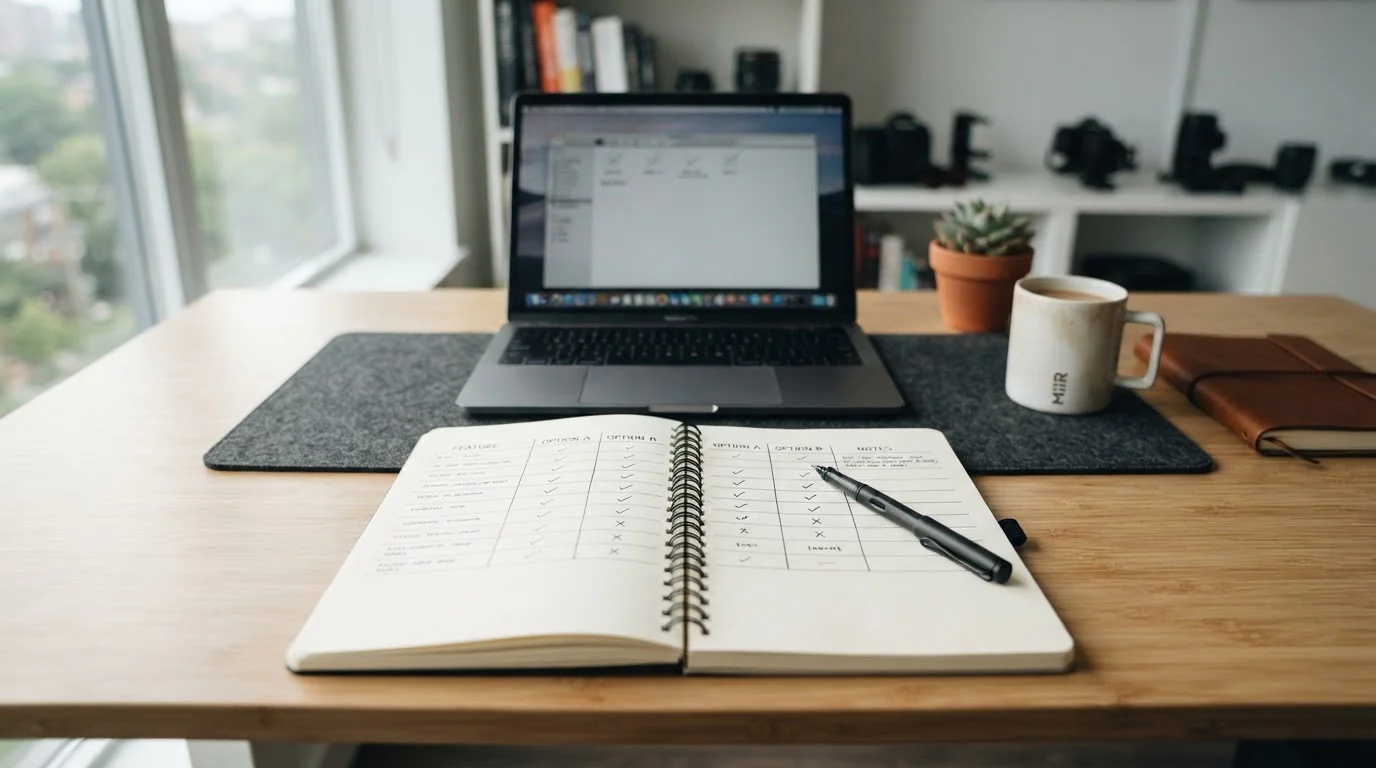 Desk with notepad showing withdrawal methods comparison chart alongside laptop