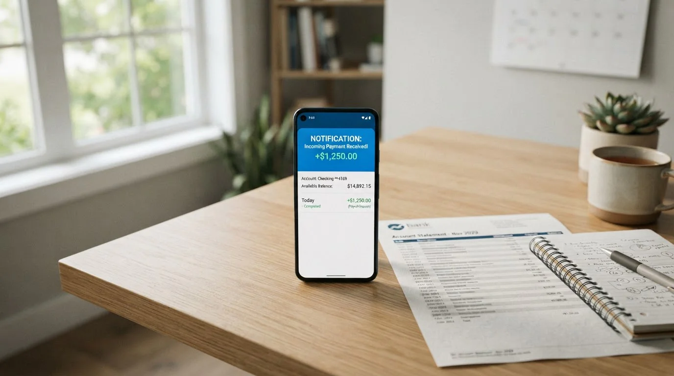 Smartphone displaying banking app with incoming payment notification