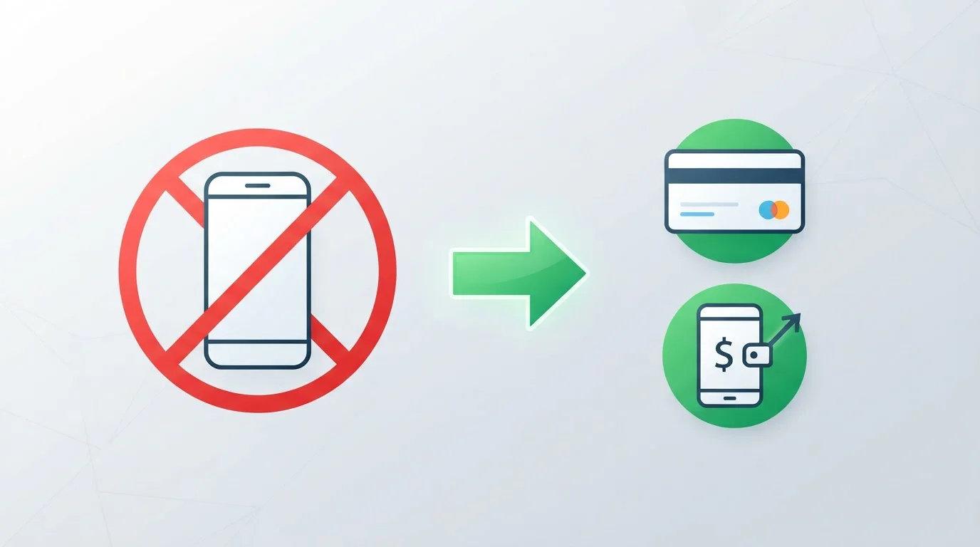 Crossed-out phone bill with arrow pointing to bank account and e-wallet icons