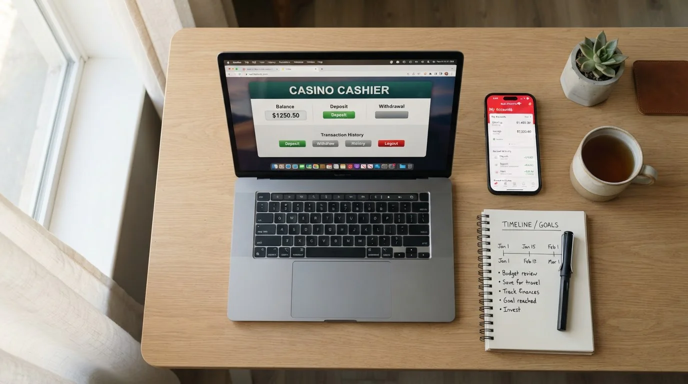 Clean desk with laptop showing casino cashier page and smartphone with banking app open