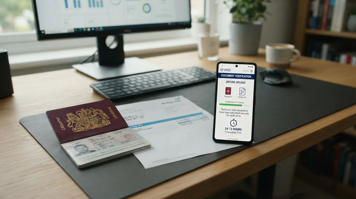 Passport and utility bill on desk for identity verification, smartphone showing KYC document upload interface, timer suggesting processing delay