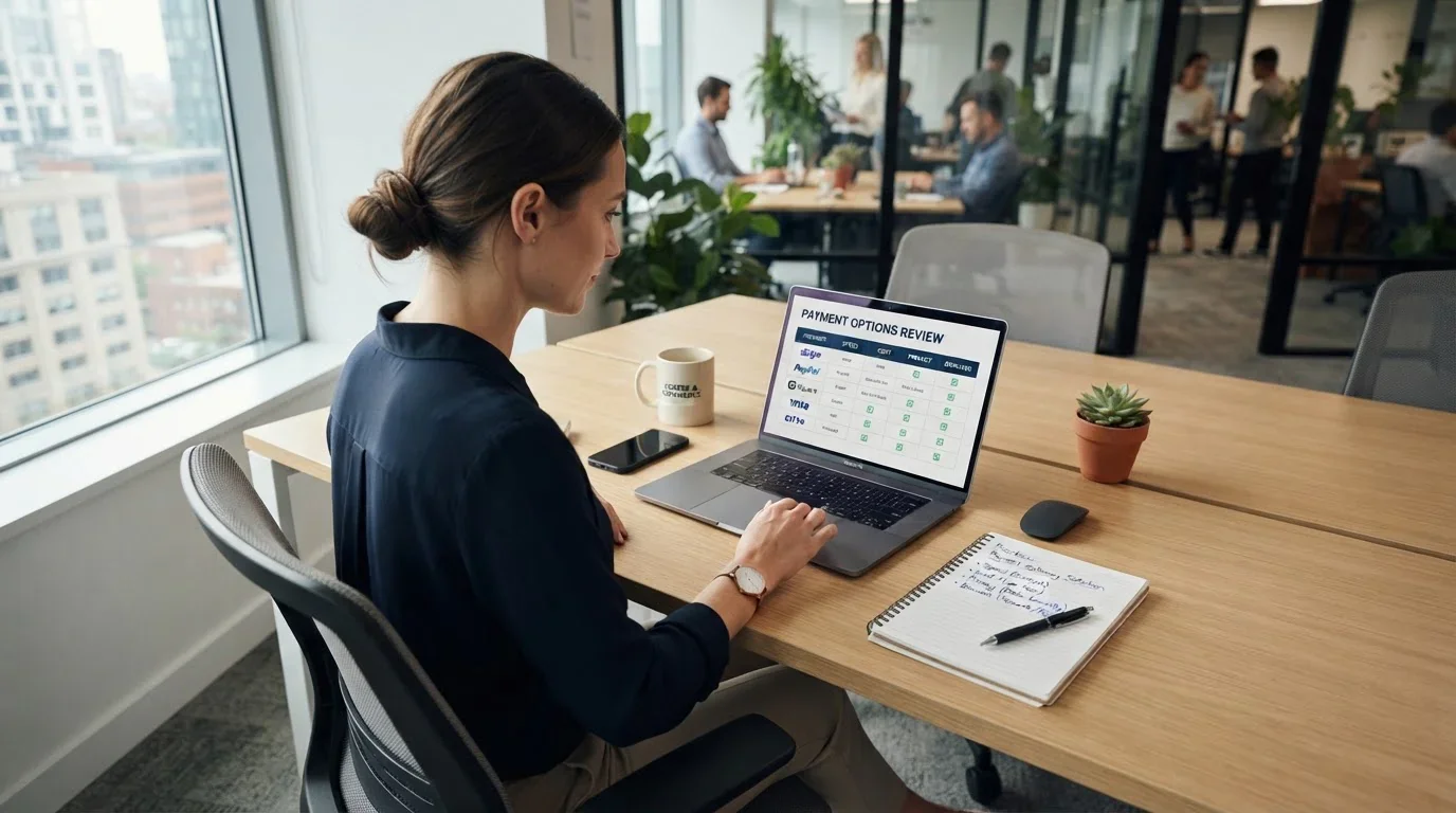 Person at desk reviewing payment options on laptop with notepad listing priorities