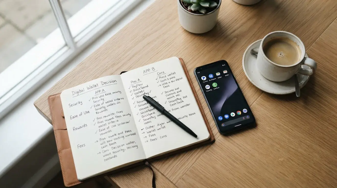 Overhead view of planning notebook with comparison notes and checkmarks alongside smartphone showing digital wallet app icons and cup of coffee