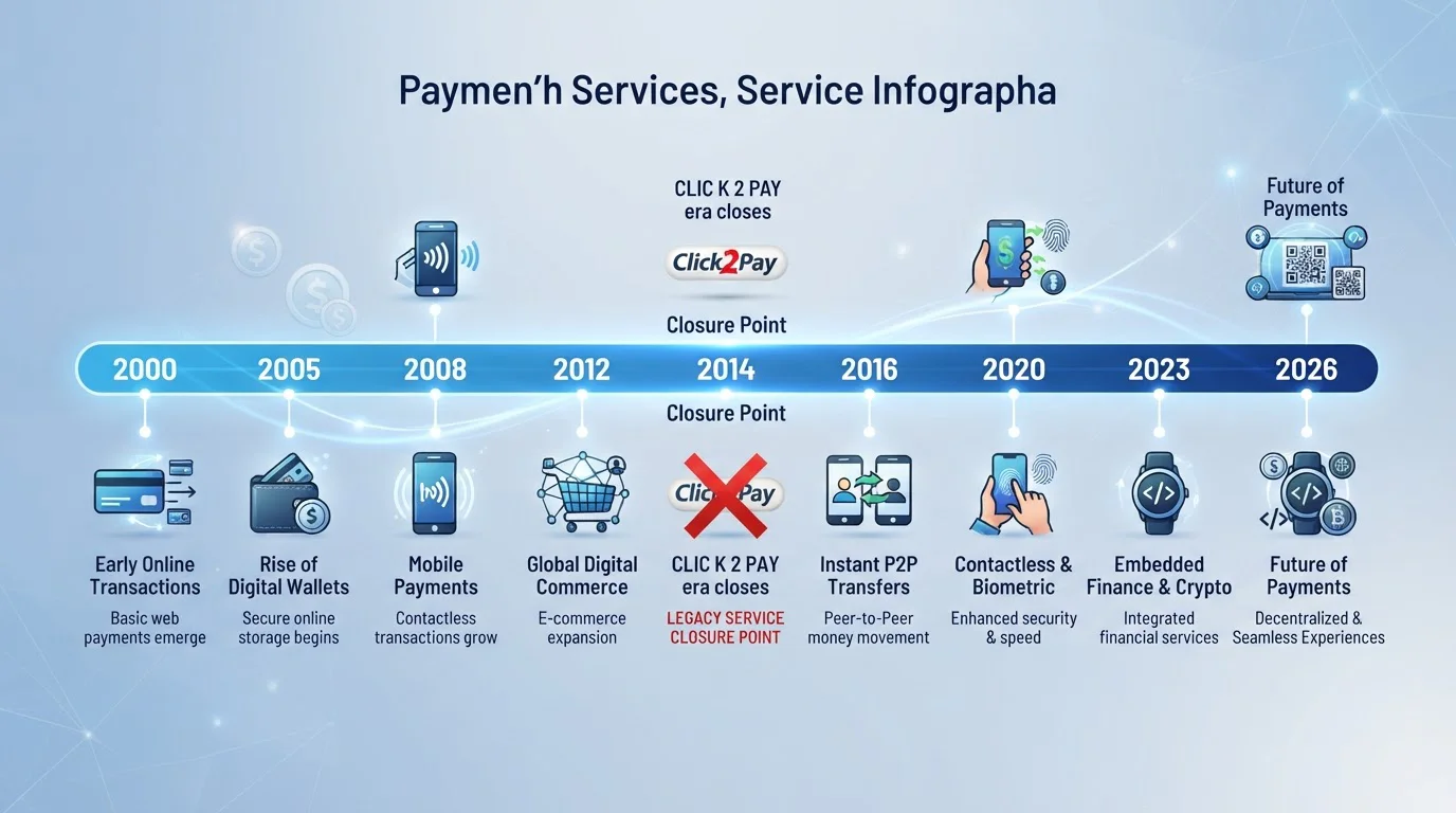 Timeline showing Click2Pay closure in 2014 with modern payment alternatives emerging