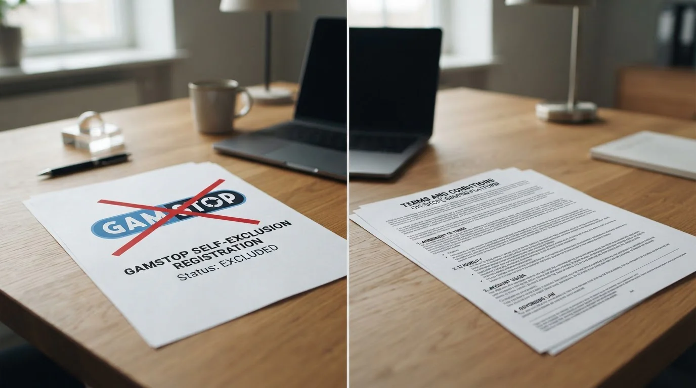 GamStop self-exclusion system logo crossed out next to offshore casino terms document