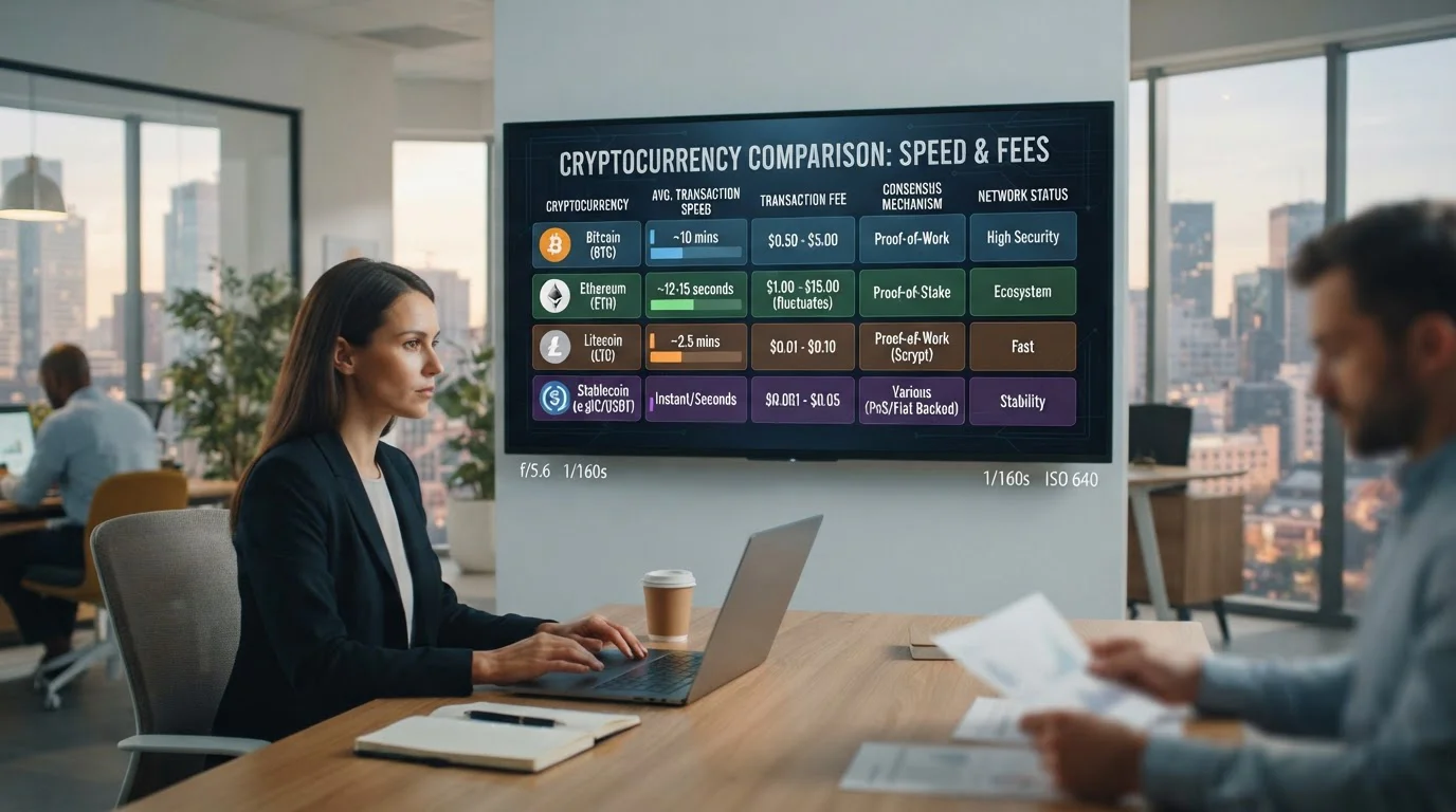 Cryptocurrency comparison chart showing transaction speeds and fees for BTC, ETH, LTC, and stablecoins