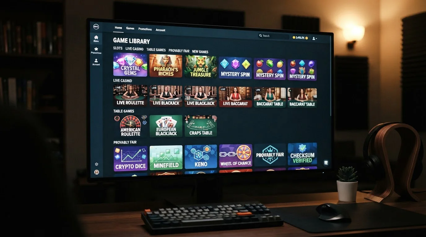 Online casino game library interface showing slots, live dealer, and provably fair games selection