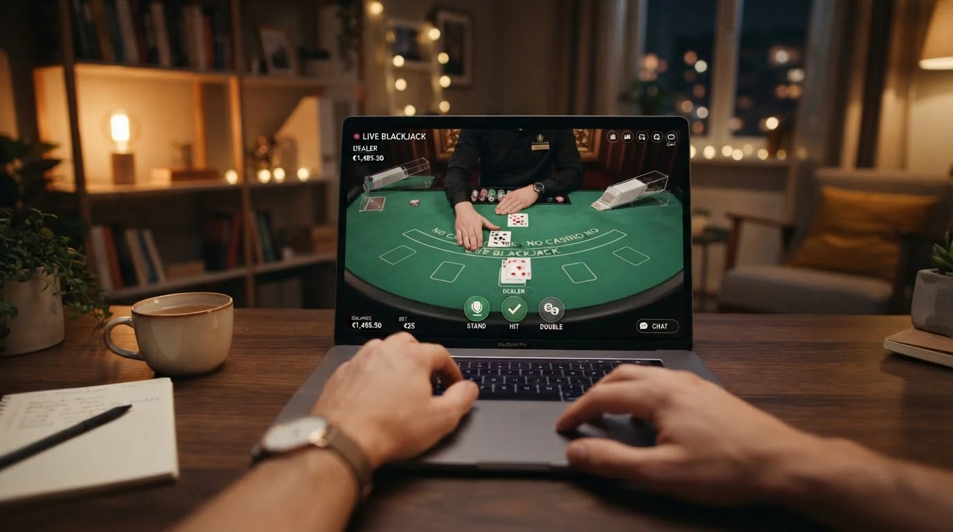Laptop screen showing live dealer blackjack interface with hands on keyboard