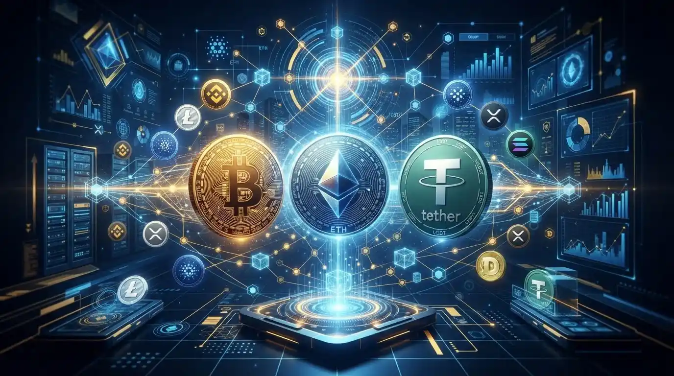 Bitcoin, Ethereum, and USDT symbols with blockchain transaction confirmations