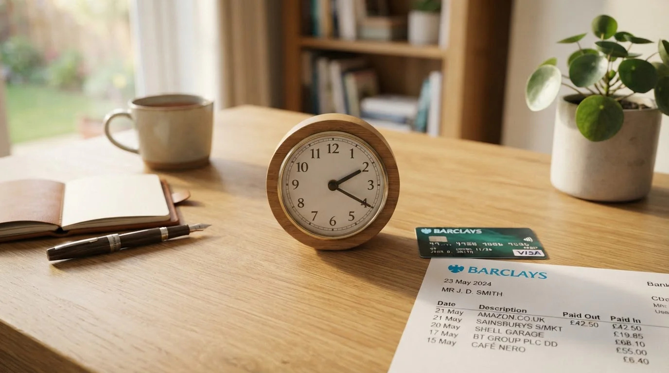 Clock showing time passing next to debit card and bank statement