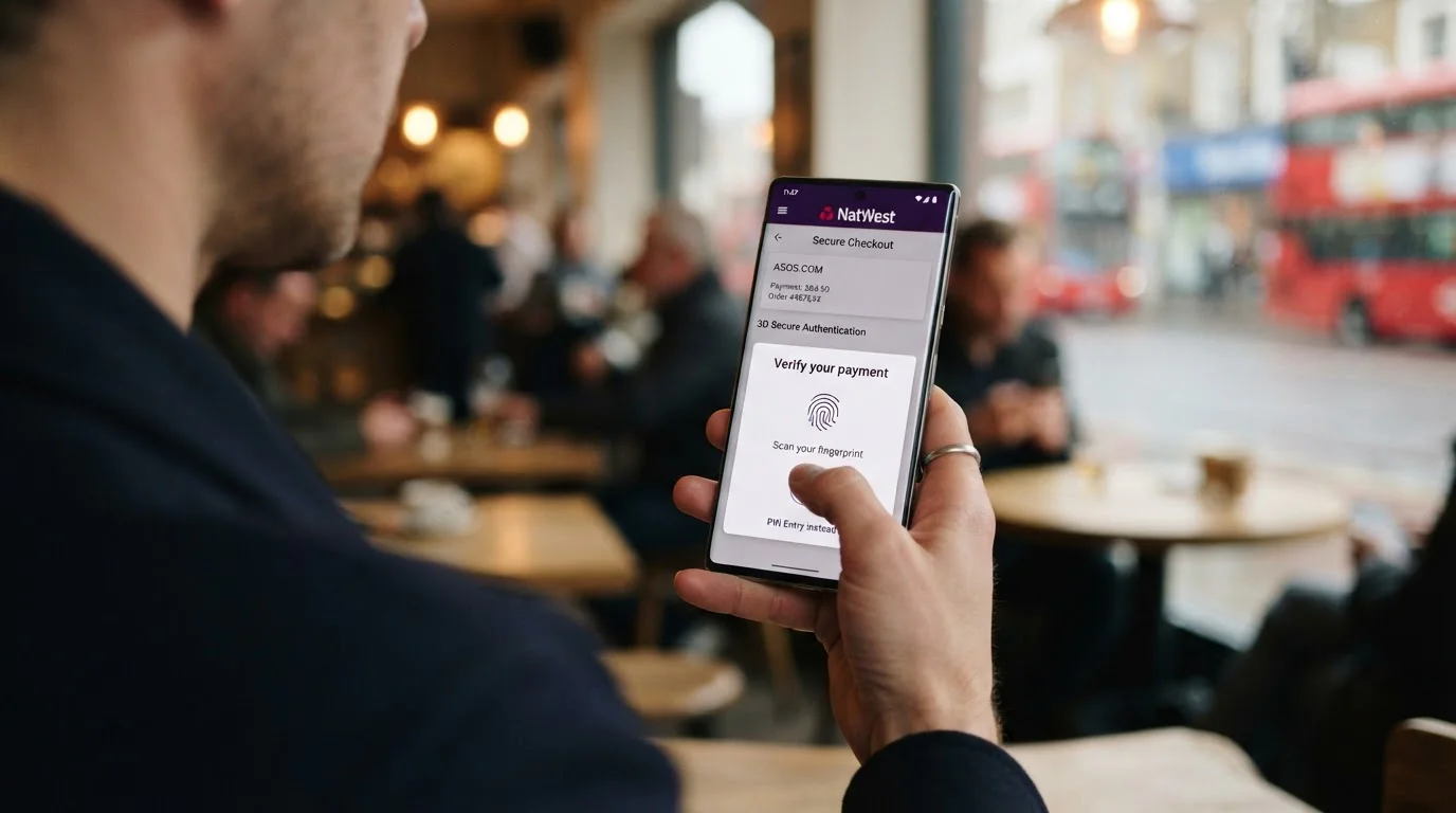 Person holding smartphone with 3D Secure authentication screen for UK casino deposit