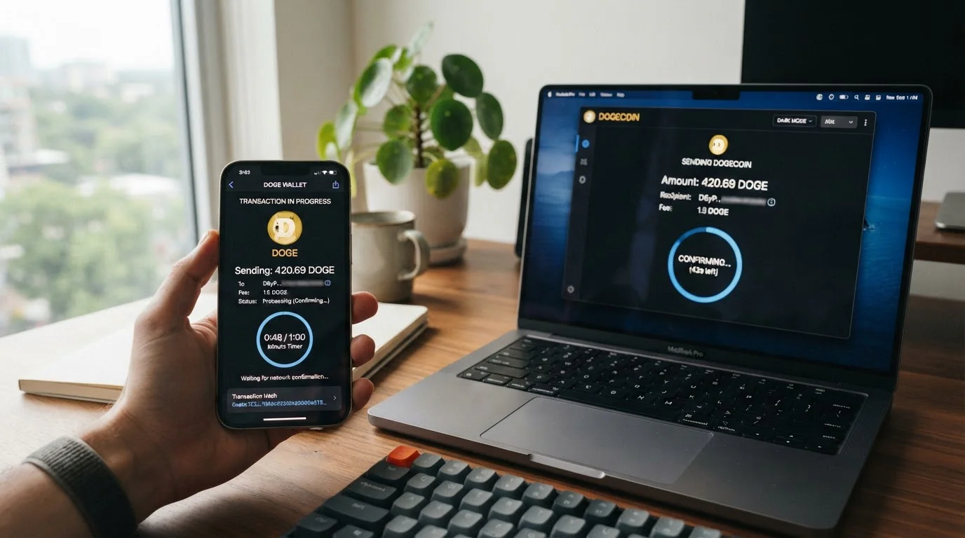 Digital wallet interface showing Dogecoin transaction flow to casino platform