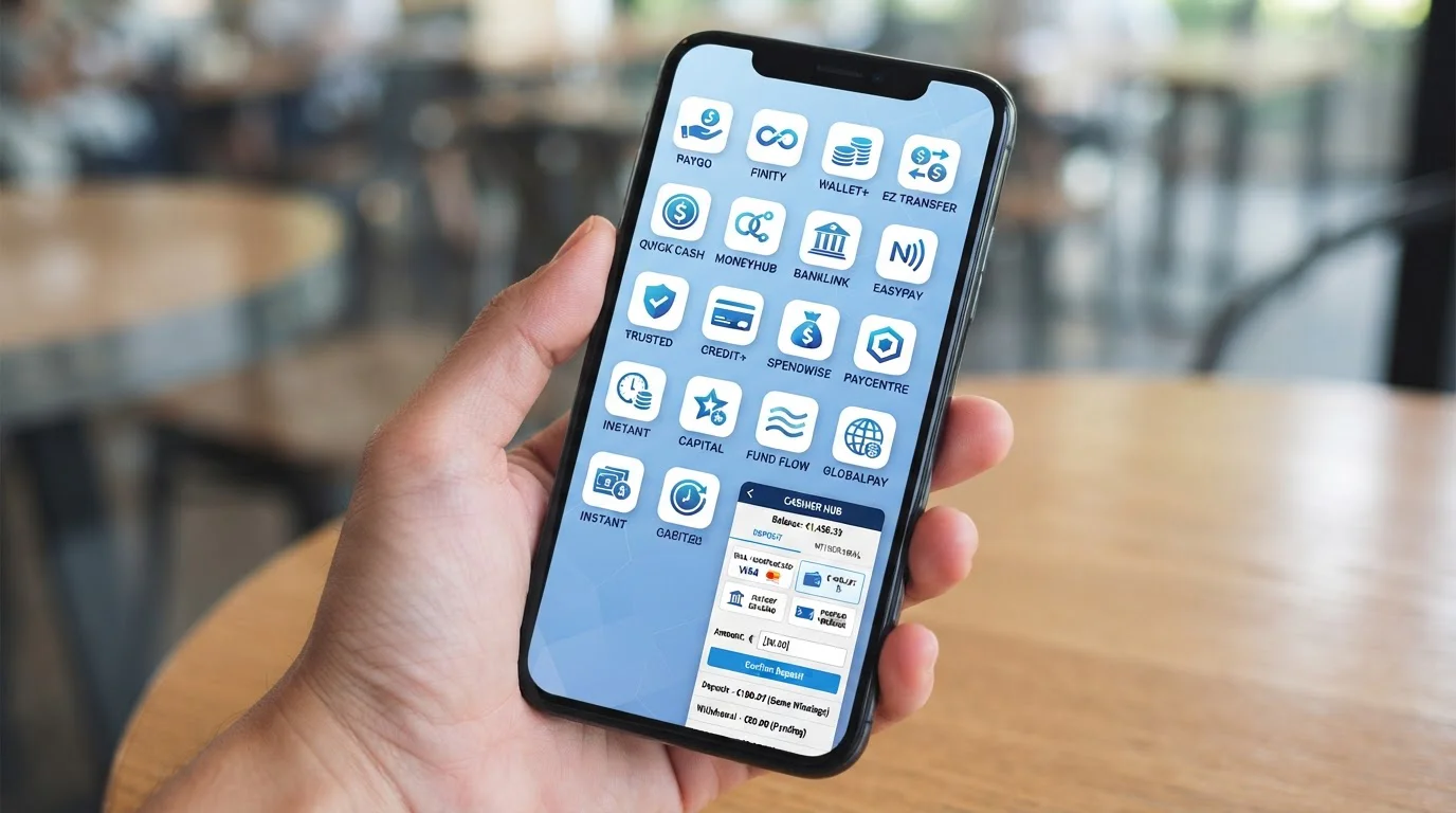 Modern e-wallet apps displayed on smartphone with UK casino cashier interface