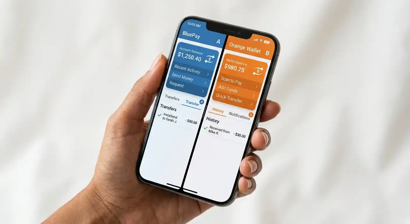 Smartphone showing PayPal and Skrill e-wallet apps with instant notification icons