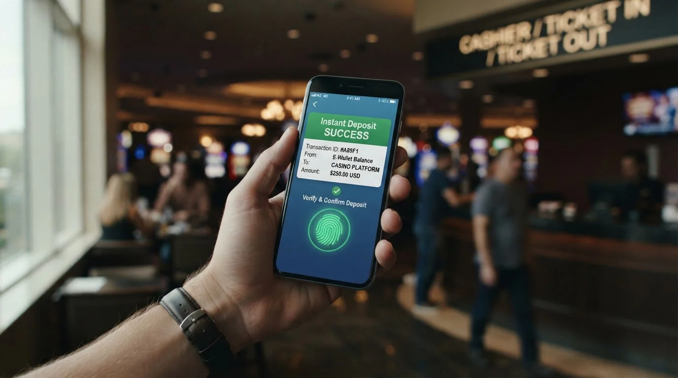 Smartphone showing e-wallet deposit process with biometric authentication at UK online casino