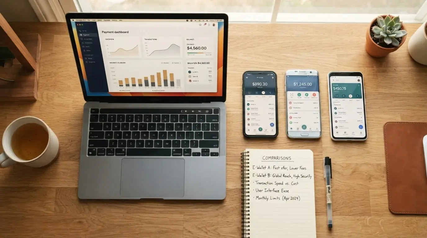 E-wallet payment methods comparison on laptop and smartphones