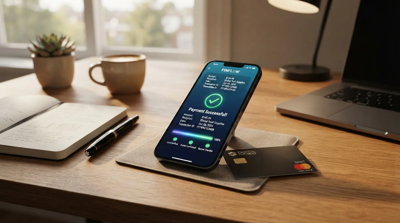 Smartphone displaying payment app with debit card on desk
