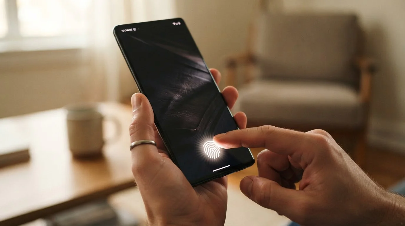 Android smartphone showing biometric fingerprint authentication for secure casino payment