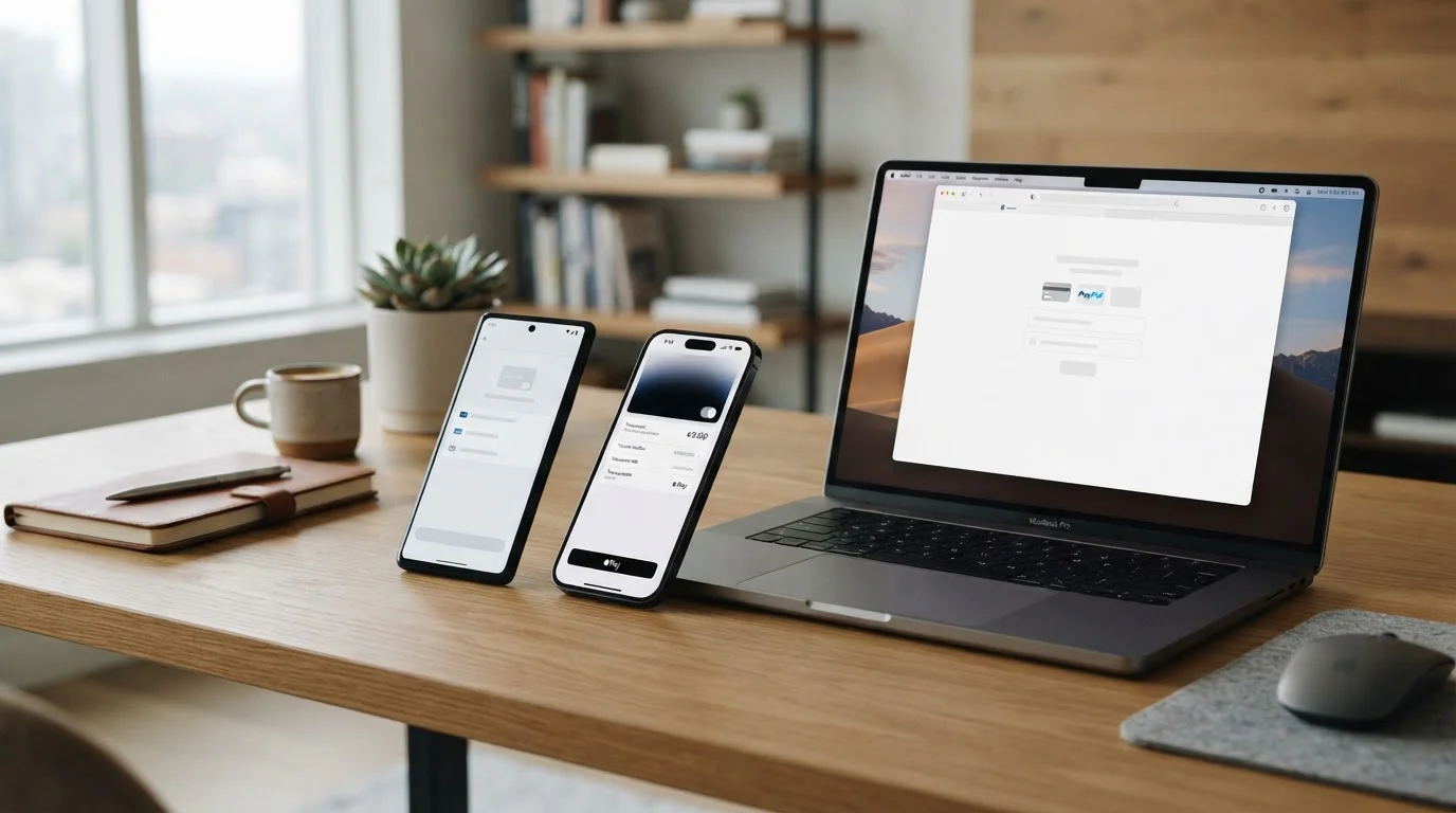 Mobile phone and desktop showing Google Pay compatibility across Android Chrome and iOS devices