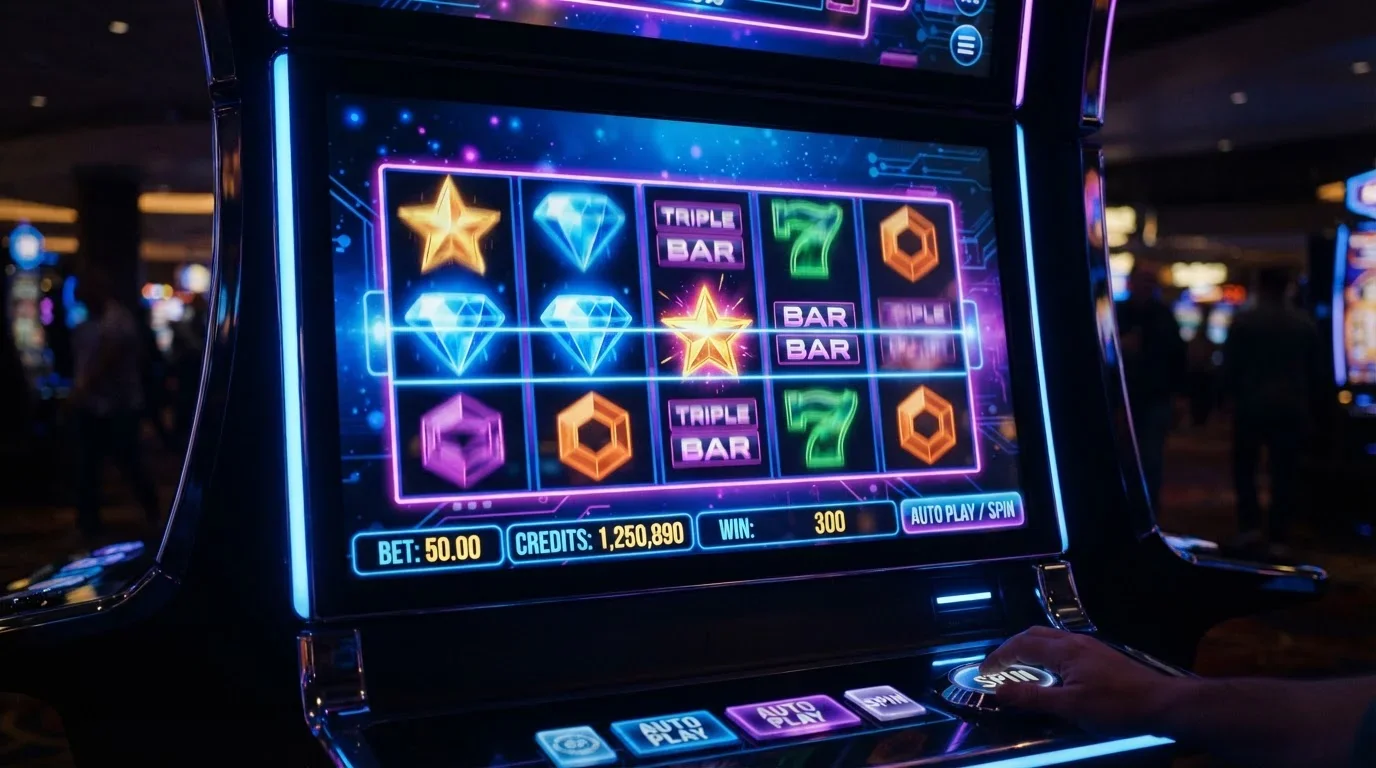 Abstract slot machine reels with geometric symbols and LED lighting
