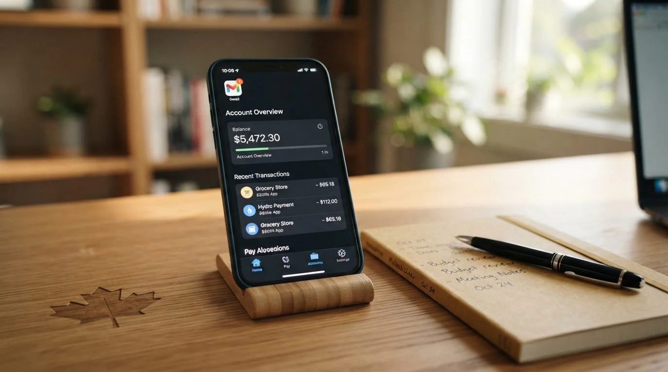 Smartphone displaying banking app with email notification icon and Canadian maple leaf