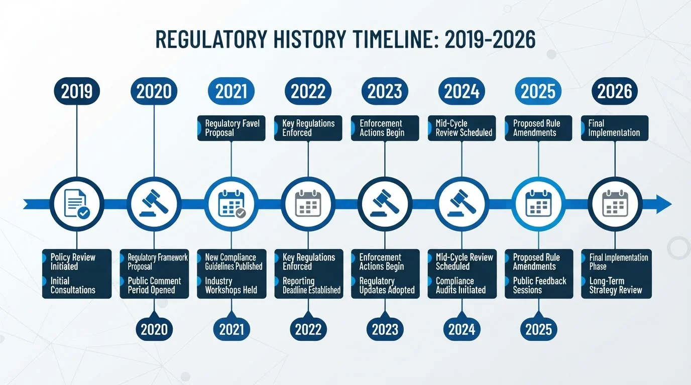 Timeline visualization showing key dates from 2019 to 2026 with regulatory milestones