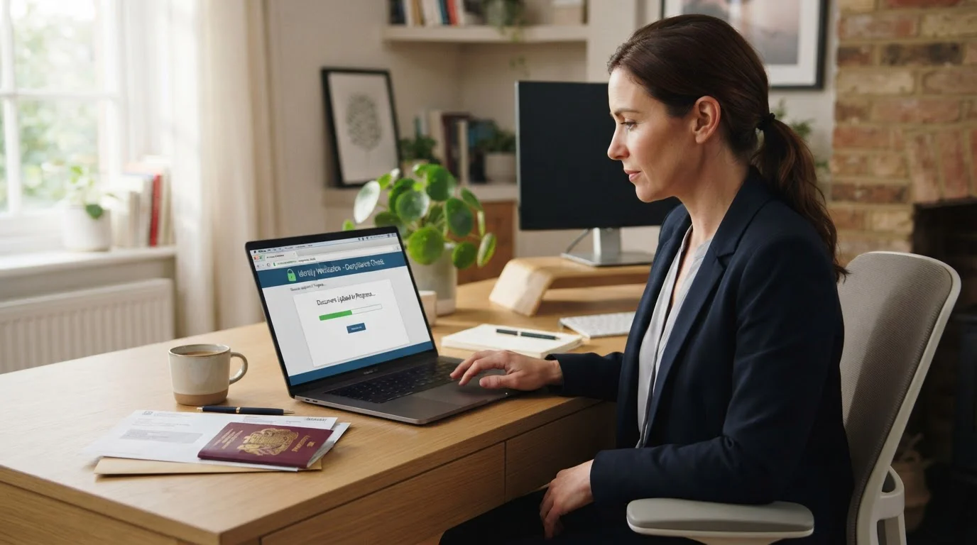 Person uploading identity documents for KYC verification on laptop screen