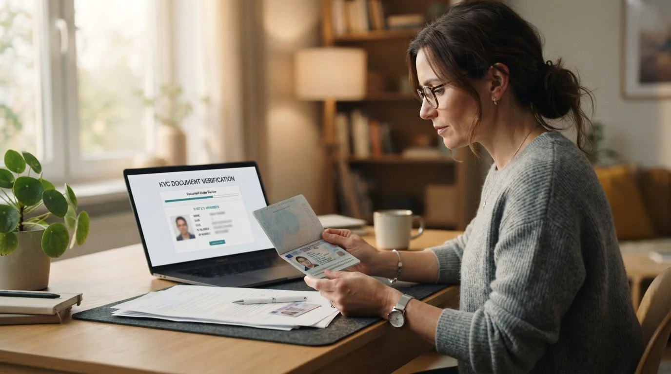 Person at desk reviewing identity documents with laptop showing KYC verification screen