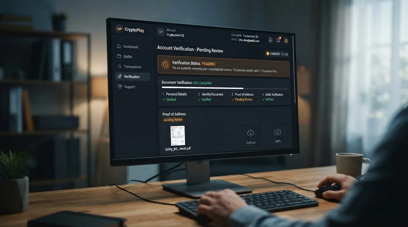 Document verification interface showing pending status on crypto casino account