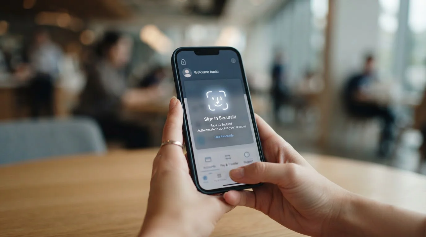 Person using smartphone to authenticate bank transfer in mobile banking app