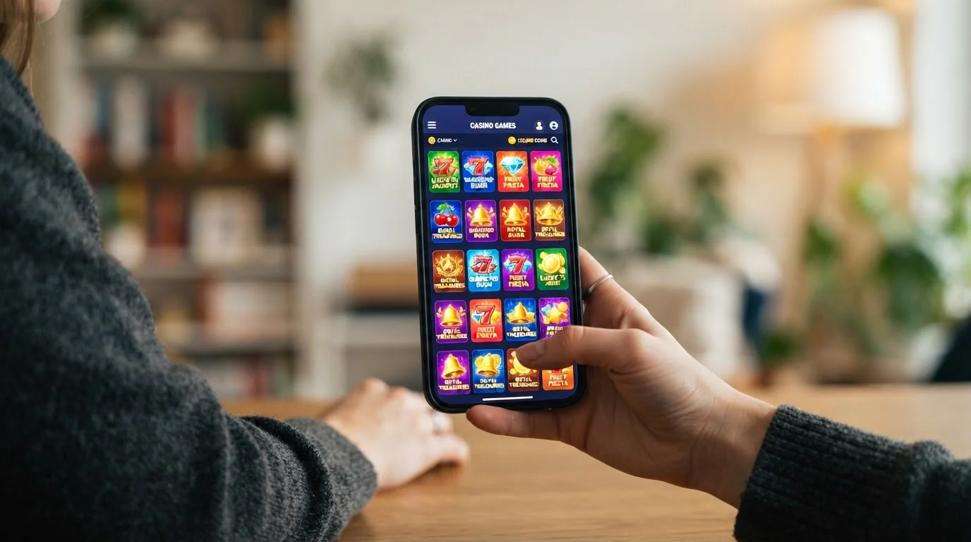 Mobile phone screen showing online casino game lobby with hundreds of slot titles