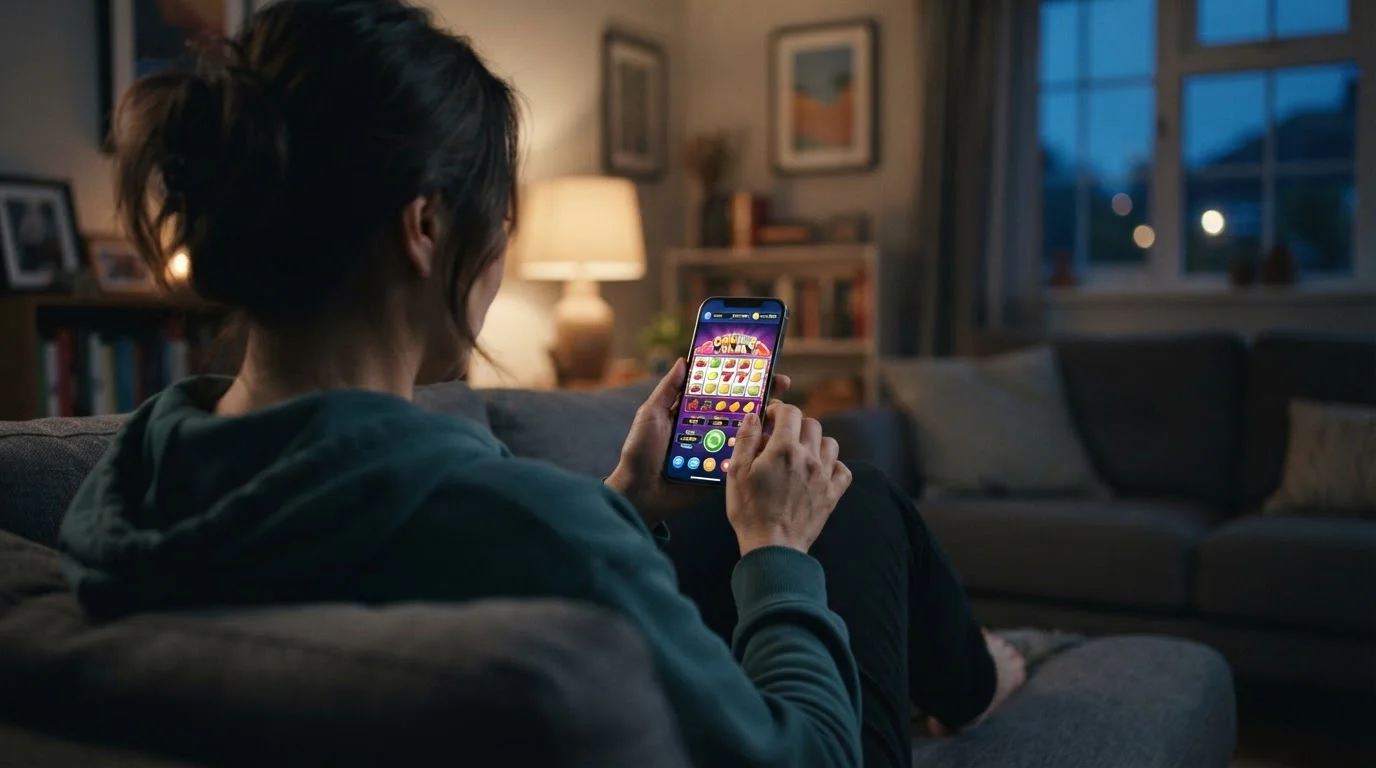 Over-shoulder view of person using iPhone for mobile casino play