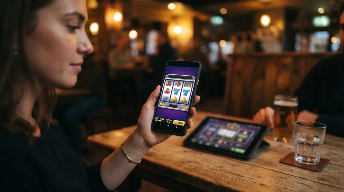 Smartphone showing generic slot game reels with classic symbols, £0.10 bet amount visible, tablet with casino interface blurred in background