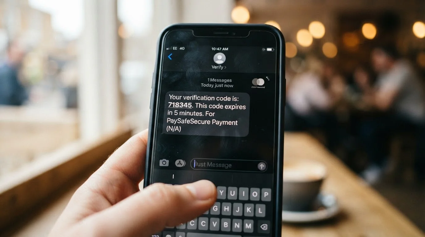 Smartphone screen showing SMS confirmation PIN for mobile casino deposit with payment intermediary branding