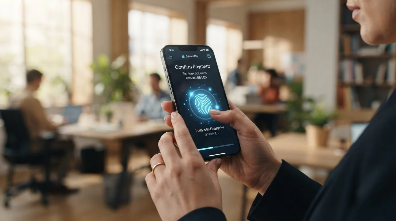 Smartphone showing MuchBetter app deposit flow with fingerprint authentication