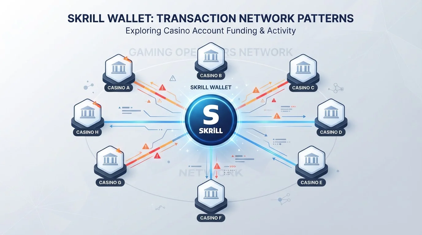 Multi-account bonus abuse diagram showing one Skrill wallet funding multiple casino accounts to claim repeated welcome bonuses