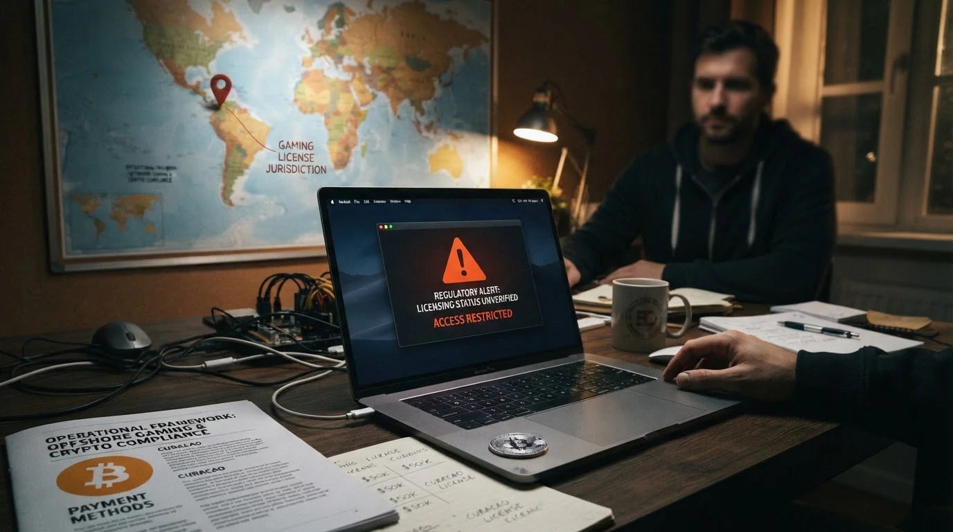 Laptop with warning triangle icon, Curaçao location pin on world map, Bitcoin symbol on document, moody cautionary lighting