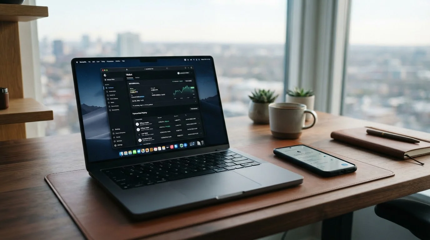 Laptop displaying offshore casino interface with cryptocurrency wallet