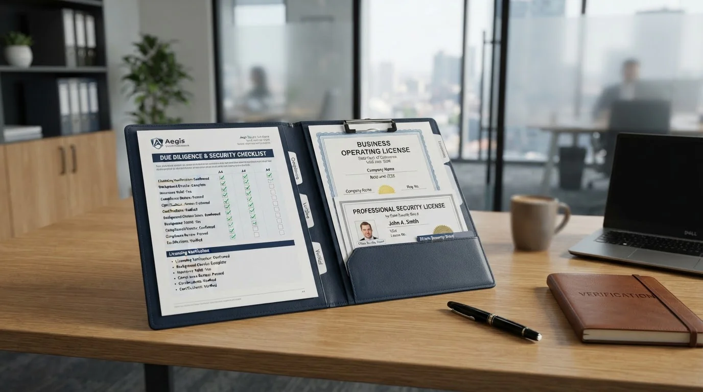 Document folder with security checklist and verified license certificates on desk
